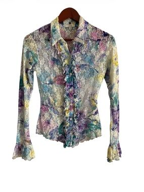 Cache y2k Vintage Colourful Floral Lace Mesh Blouse Made in USA Size Small